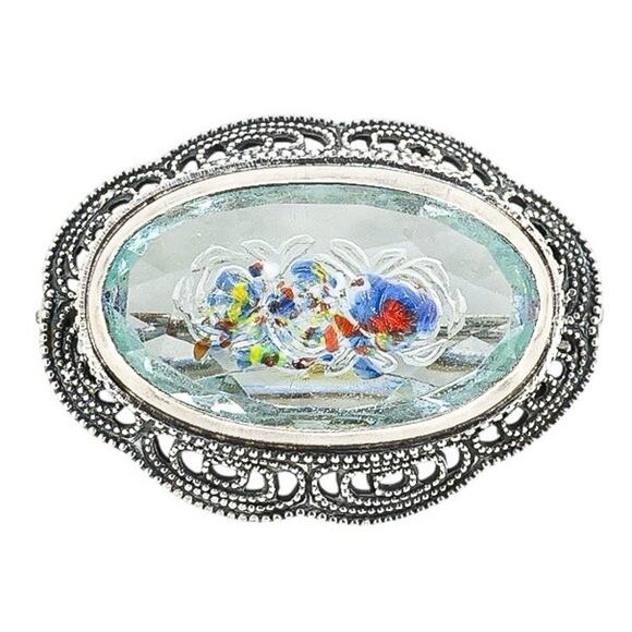 Czech Glass Reverse Carved Poured Glass Embedded Lampwork Brooch In Sterling - Picture 2 of 7